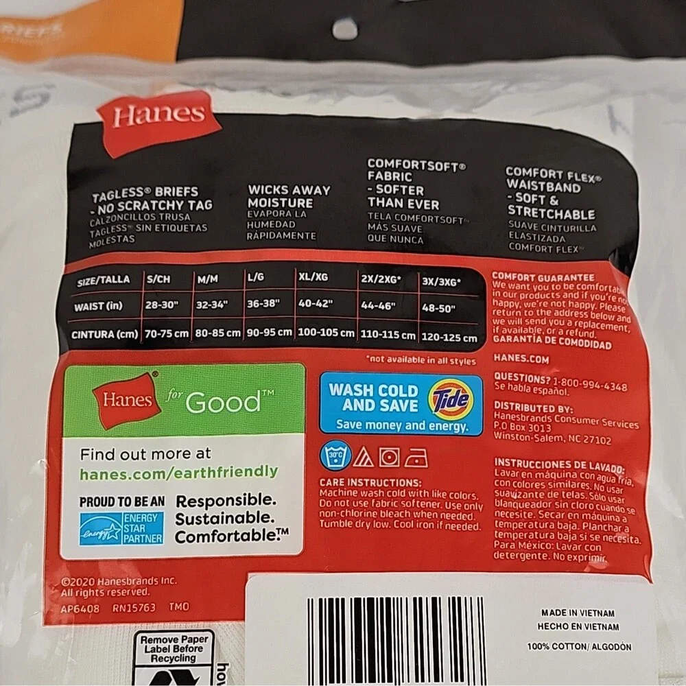 Hanes Men's Tagless Briefs Size L White 5 Pack ComfortFlex New in Package